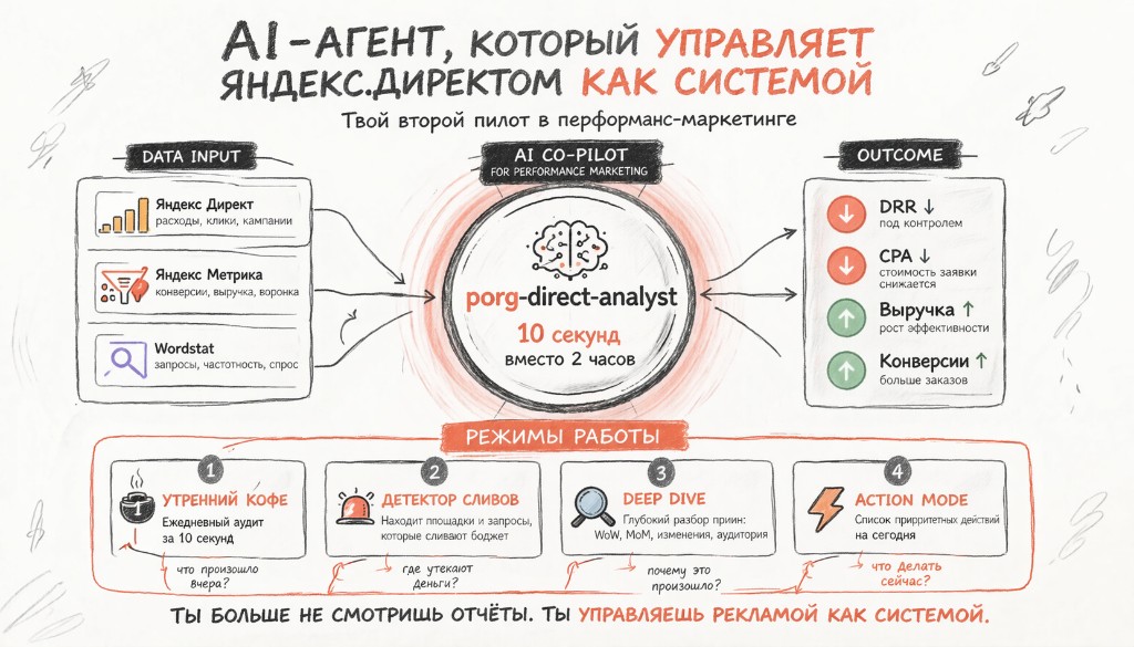 Инфографика AI-агента porg-direct-analyst: Яндекс Директ, Метрика и Wordstat на входе; в центре — «10 секунд вместо 2 часов»; на выходе рост выручки и конверсий, контроль DRR и CPA; внизу четыре режима — Утренний кофе, Детектор сливов, Deep Dive, Action Mode.