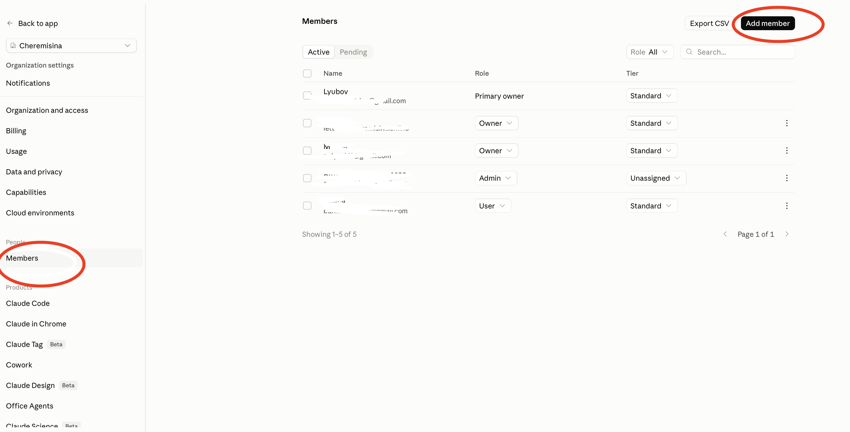 Organization settings → Members — список участников, роли и кнопка Add member.