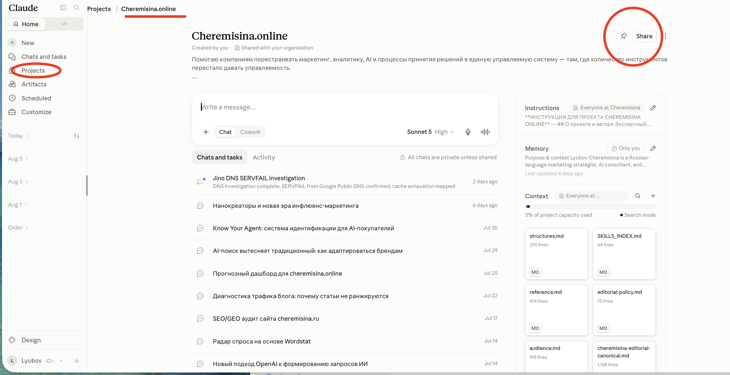 Карточка проекта: кнопка Share рядом с названием, статус «Shared with your organization» и панель Context с загруженными файлами базы знаний.