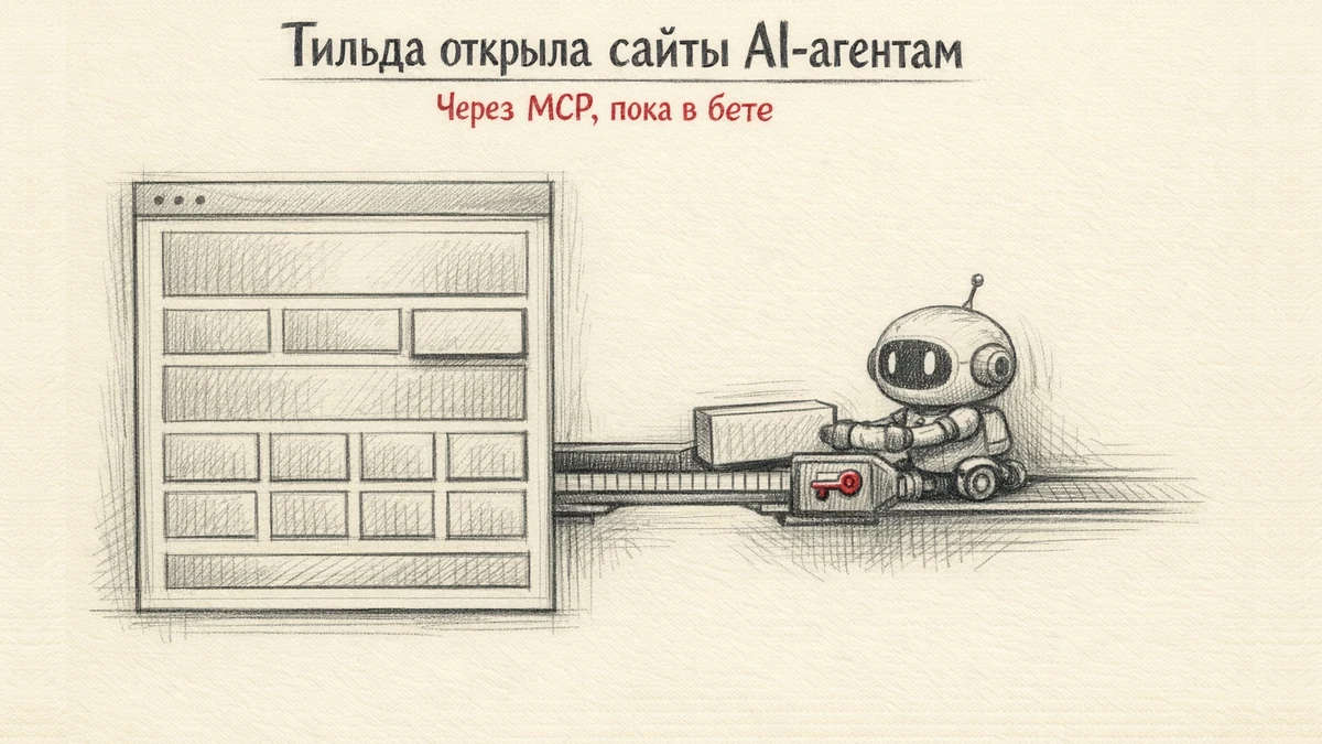Карандашный рисунок: робот-агент по мостику с красным ключом доступа переносит блок в макет сайта