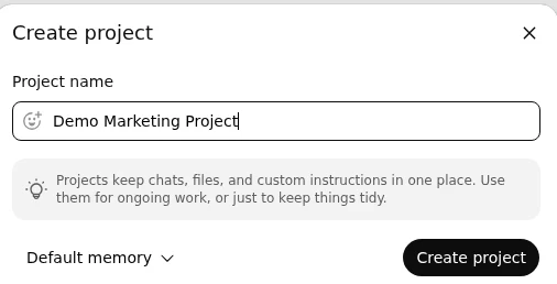 Окно Create project: поле Project name с текстом Demo Marketing Project и кнопка Create project