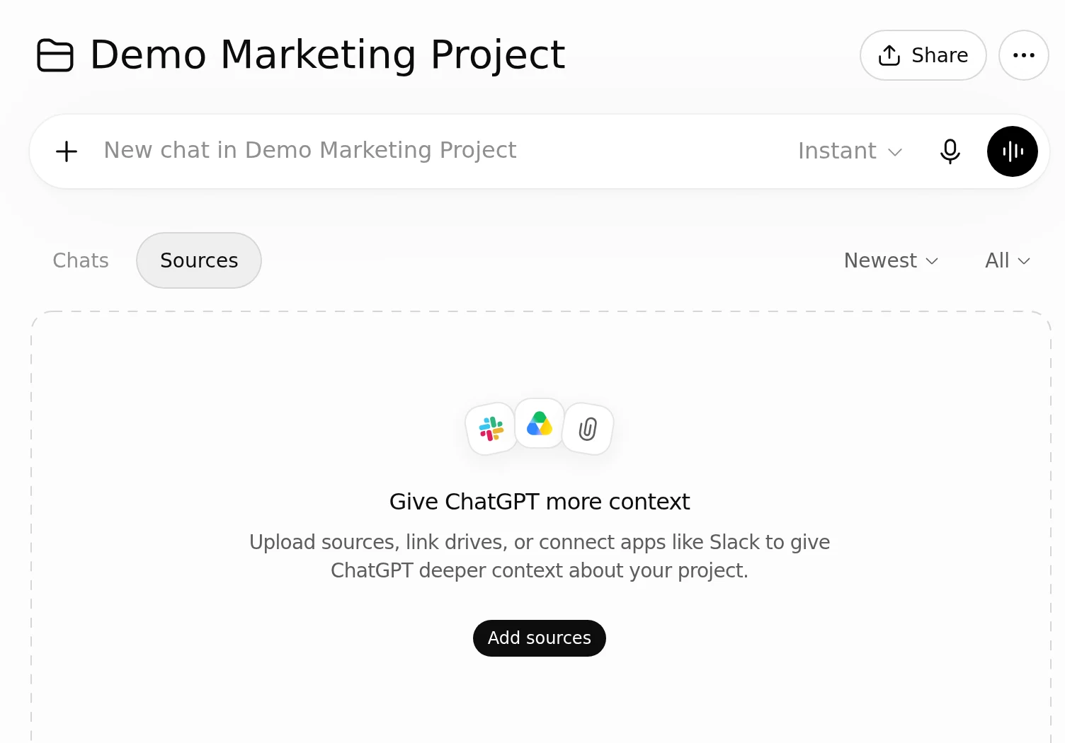 Проект Demo Marketing Project: вкладка Sources, зона Give ChatGPT more context и кнопка Add sources